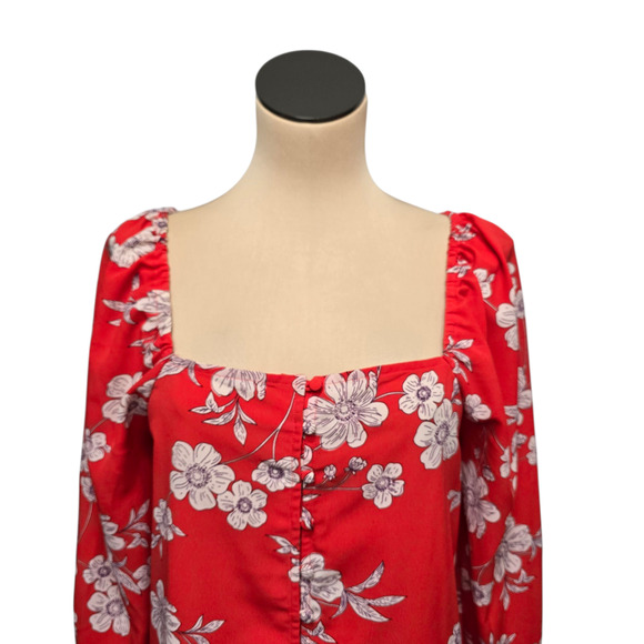 Sanctuary Blouse Womens Medium Red Floral Square Neck Long Sleeve Button Up‎ Top - Picture 7 of 9